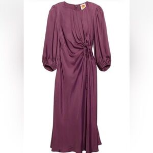 Farm Rio Piping Cutout Balloon Sleeve Dress in purple/burgundy.